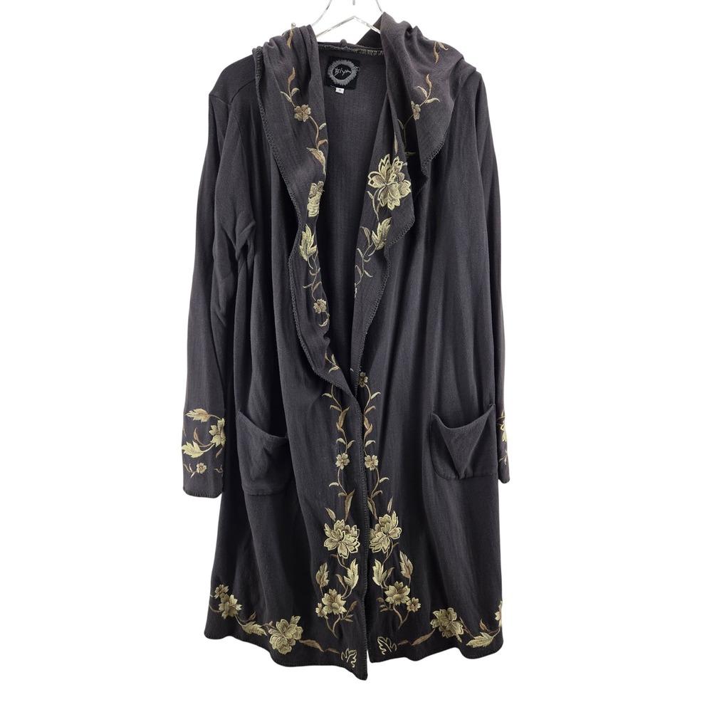 Biya Johnny Was Gray Cotton Embroidered Hooded Duster Cardigan Coat M Bohemian